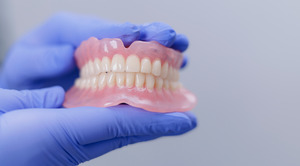 Wearing blue gloves and holding full dentures